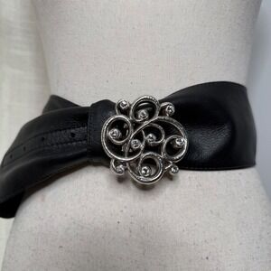 Brighton Leather Wide Waist Belt Black Crystal Buckle Swirl Scroll Women's 32